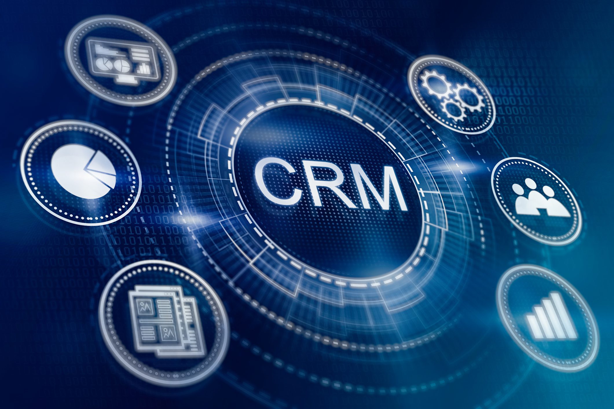 CRM customer relationship management concept. Clients support software and online marketing technology. Web Development vector illustration. Group of people create a website. Characters build web page interface design. Flat style. Isolated on white.